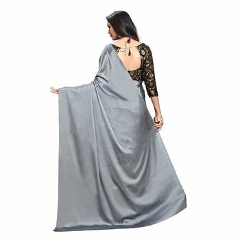 Slate grey plain fancy fabric saree with blouse 2