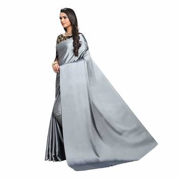 Slate grey plain fancy fabric saree with blouse 3