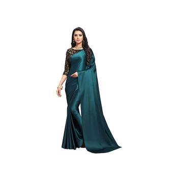 Dark turquoise plain fancy fabric saree with blouse 1
