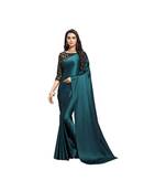 Dark turquoise plain fancy fabric saree with blouse