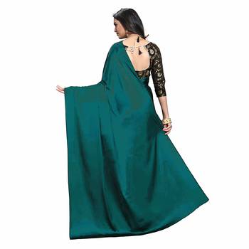 Dark turquoise plain fancy fabric saree with blouse 2