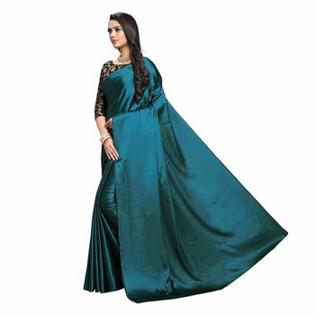Dark turquoise plain fancy fabric saree with blouse 3