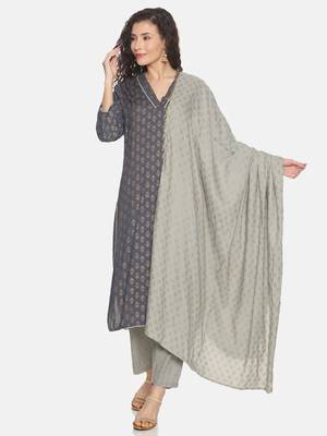 Grey printed rayon Long Kurta -With-Trousers &Dupatta 1
