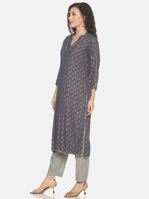 Grey printed rayon Long Kurta -With-Trousers &Dupatta 3