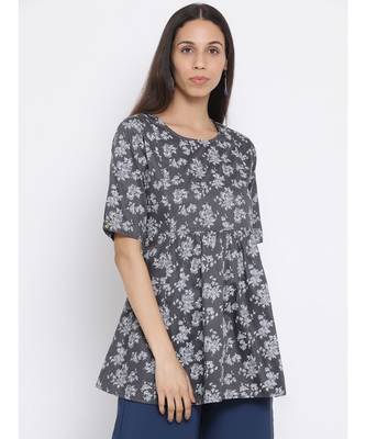 Grey Floral Print Cotton kurti 1