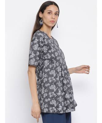 Grey Floral Print Cotton kurti 3
