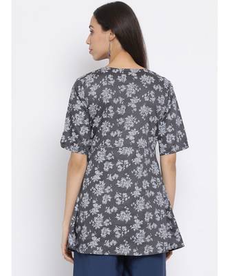 Grey Floral Print Cotton kurti 4