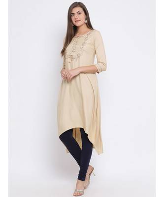 Beige Embroidered Cotton kurti 2