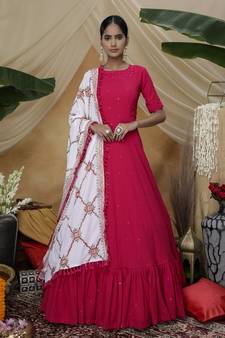 Rani-pink thread embroidery georgette Anarkali Long Gown