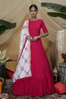 Rani-pink thread embroidery georgette Anarkali Long Gown