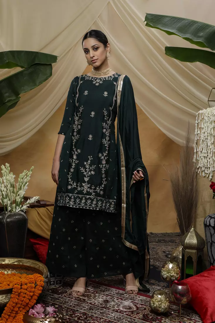 Green sequins chiffon salwar