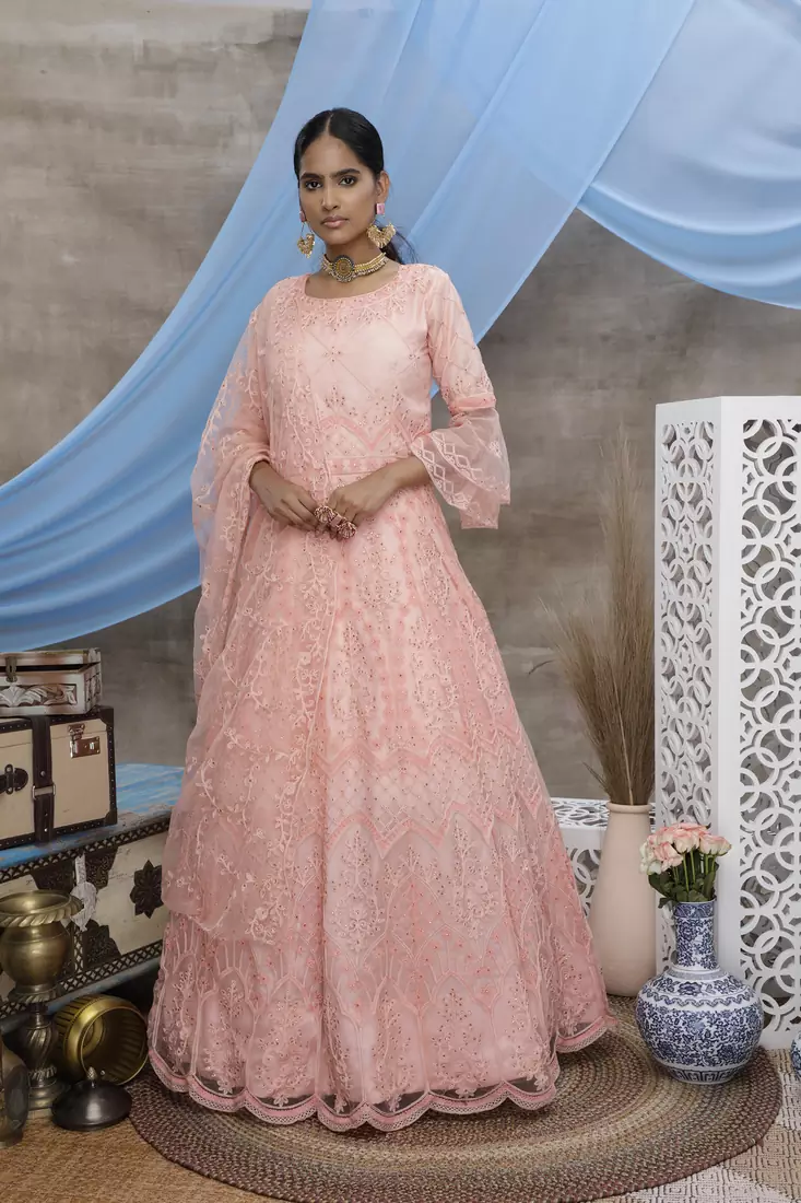 Peach thread embroidery net Lehenga Style gown