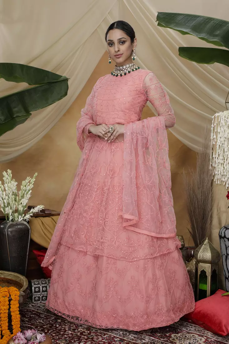 Pink thread embroidery net Lahenga Style Gown