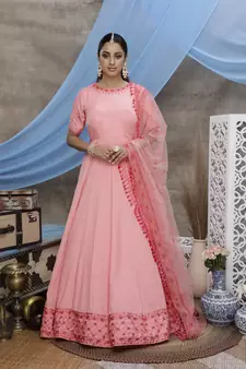 Pink thread embroidery silk Anarkali Long Gown