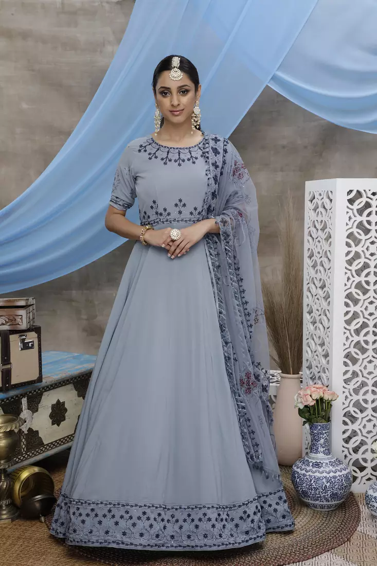 Grey thread embroidery georgette Anarkali Long Gown