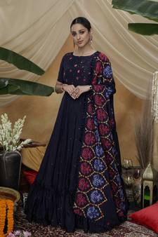 Navy-blue thread embroidered silk Anarkali Long Gown