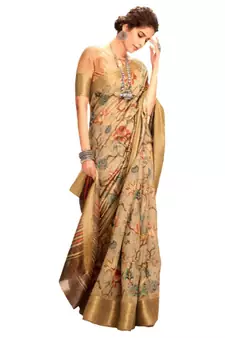gold eri silk printed silk blend Linen Silk Floral Printed sarees with blouse