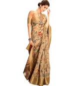 gold eri silk printed silk blend Linen Silk Floral Printed sarees with blouse