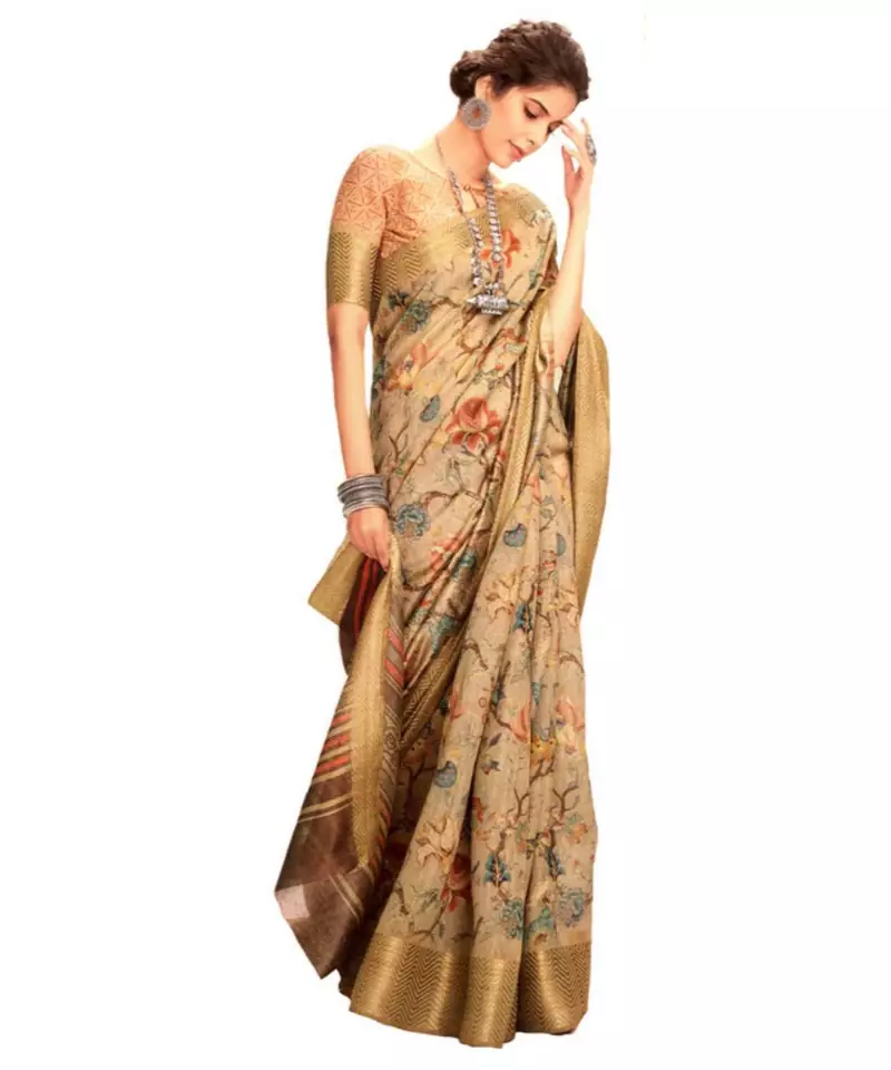 gold eri silk printed silk blend Linen Silk Floral Printed sarees with blouse