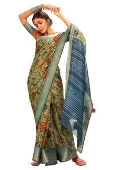 green eri silk printed silk blend Linen Silk Floral Printed sarees with blouse