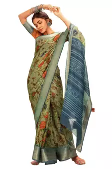 green eri silk printed silk blend Linen Silk Floral Printed sarees with blouse