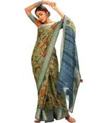 green eri silk printed silk blend Linen Silk Floral Printed sarees with blouse