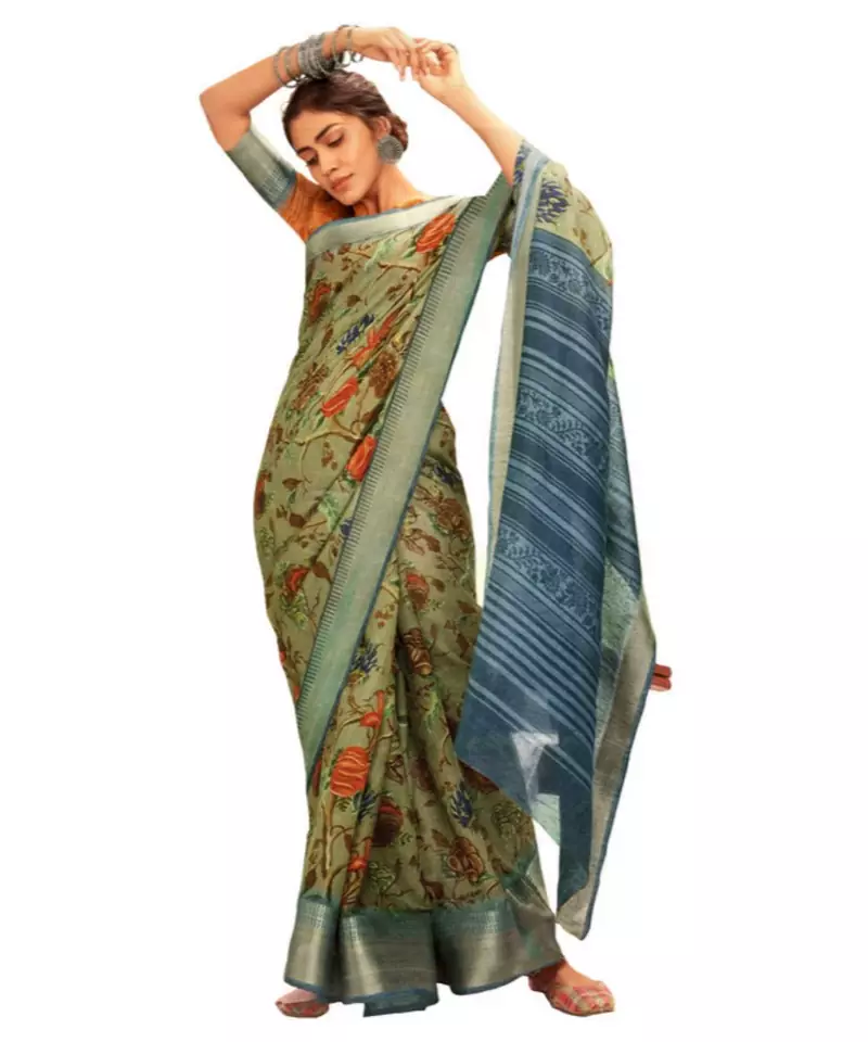 green eri silk printed silk blend Linen Silk Floral Printed sarees with blouse