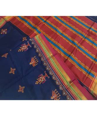 Navy blue ilkal saree with traditional kasuti embroidery 2