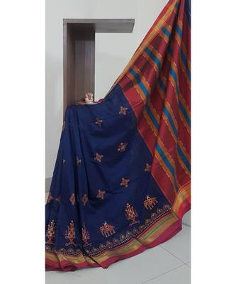 Navy blue ilkal saree with traditional kasuti embroidery 3