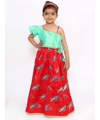 Red Off Shoulder Choli With Bird Print Lehenga 1