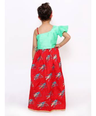 Red Off Shoulder Choli With Bird Print Lehenga 2