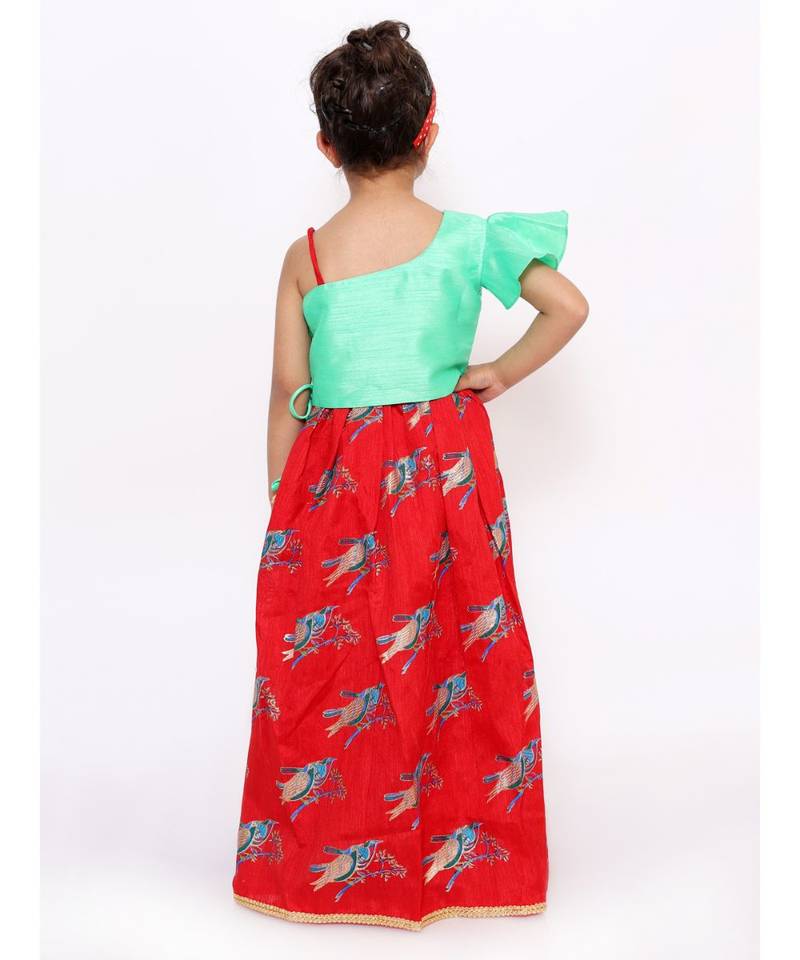 Red Off Shoulder Choli With Bird Print Lehenga