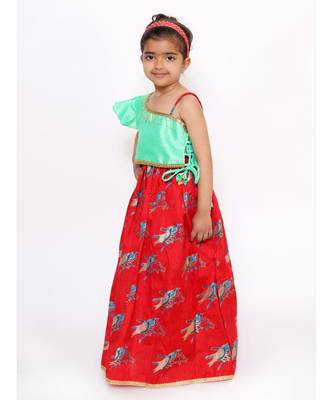 Red Off Shoulder Choli With Bird Print Lehenga 3