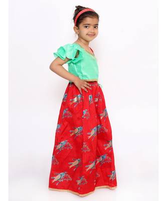 Red Off Shoulder Choli With Bird Print Lehenga 4