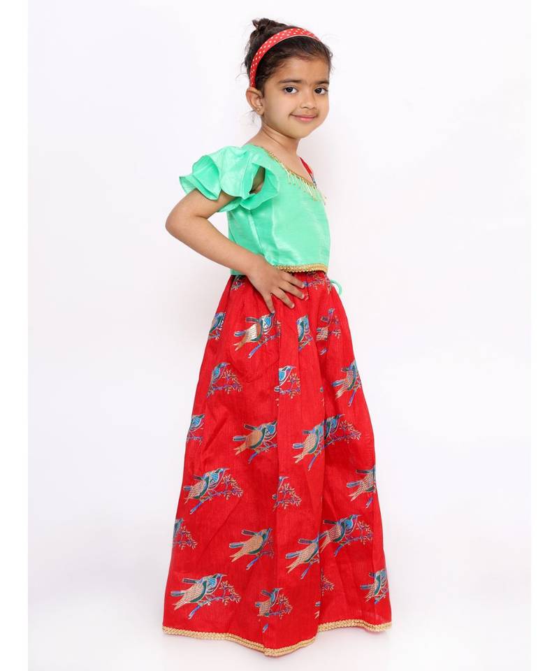 Red Off Shoulder Choli With Bird Print Lehenga