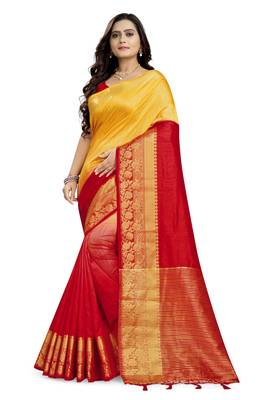 Red printed cotton silk saree with blouse 1