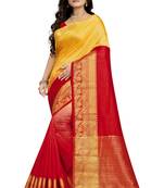 Red printed cotton silk saree with blouse