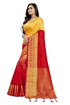 Red printed cotton silk saree with blouse 2