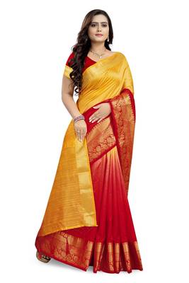 Red printed cotton silk saree with blouse 3