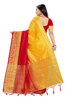 Red printed cotton silk saree with blouse 4