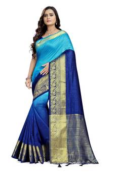 Blue printed cotton silk saree with blouse