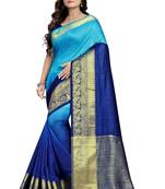 Blue printed cotton silk saree with blouse