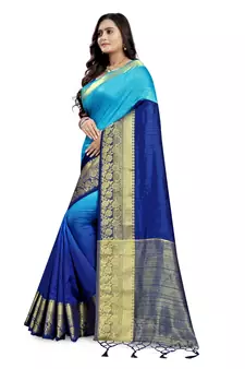 Blue printed cotton silk saree with blouse