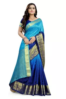 Blue printed cotton silk saree with blouse