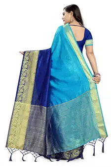 Blue printed cotton silk saree with blouse