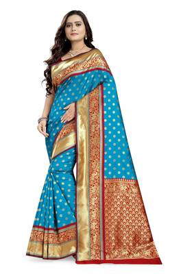 Sky blue printed banarasi silk saree with blouse 1