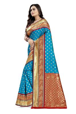Sky blue printed banarasi silk saree with blouse 2
