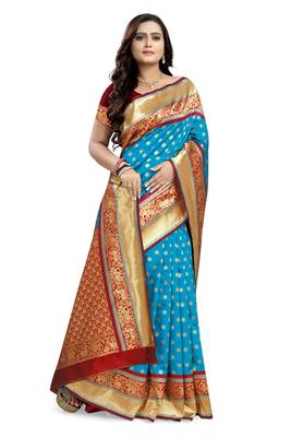 Sky blue printed banarasi silk saree with blouse 3