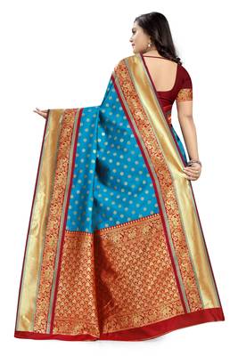 Sky blue printed banarasi silk saree with blouse 4