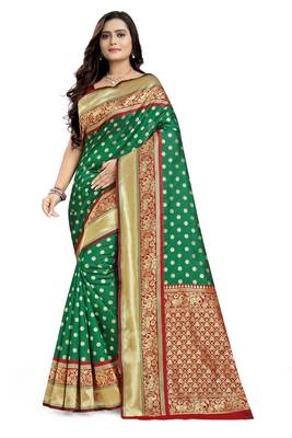 Green printed banarasi silk saree with blouse 1